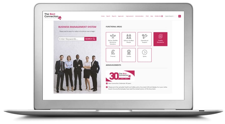 The Best Connection business management system interface