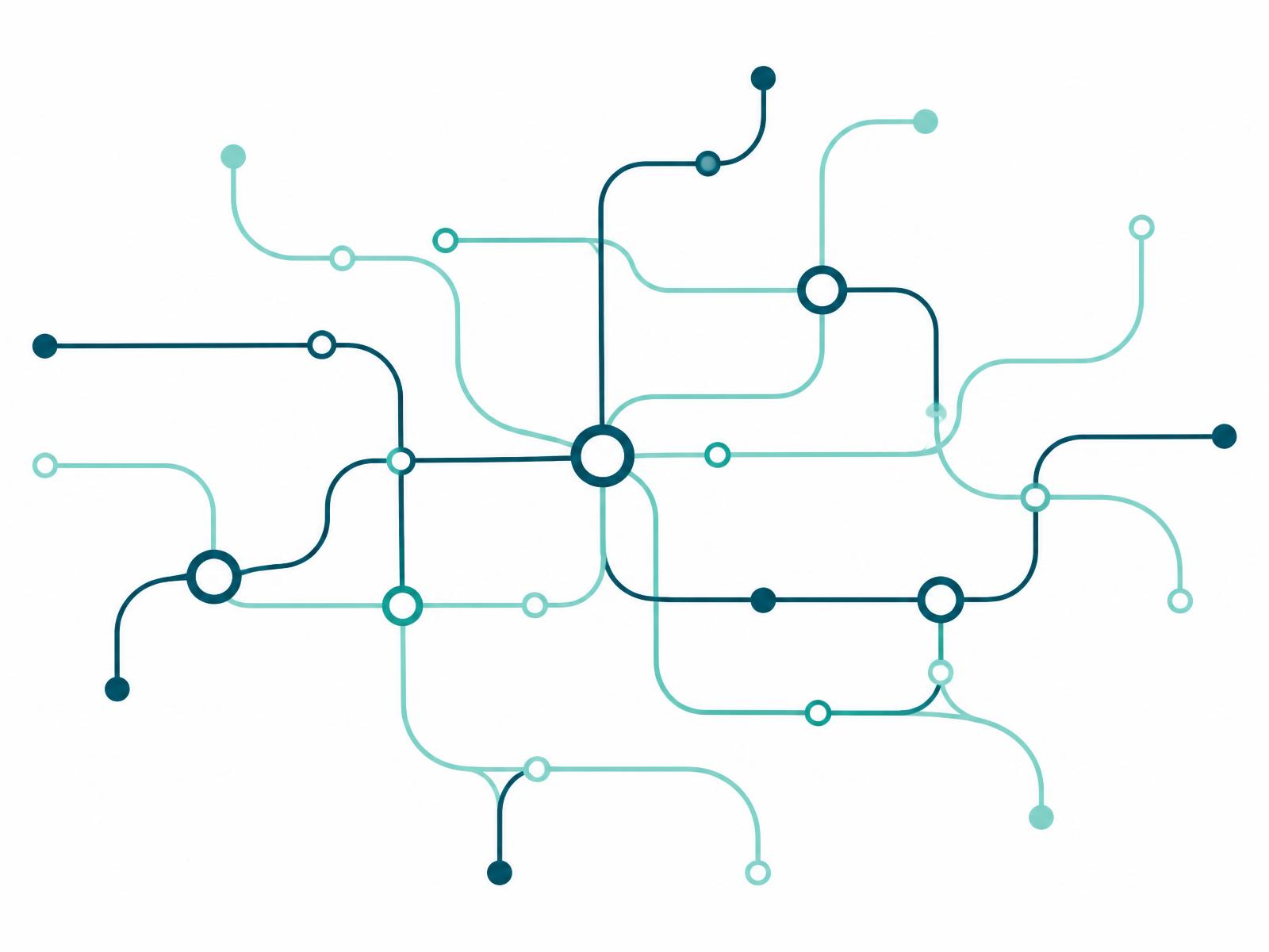 Abstract network diagram of an organisation shown as a governed process map, in dark teal and aqua.