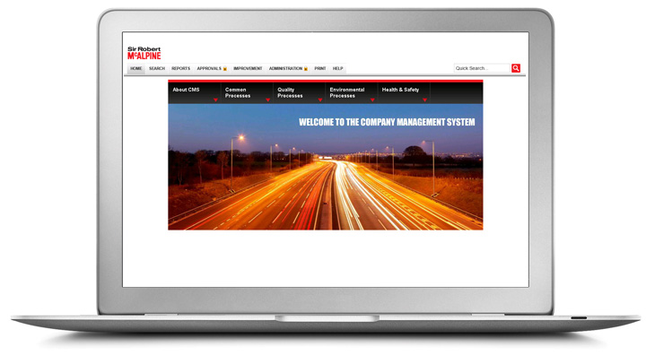 a laptop displaying Sir Robert McAlpine's process library - a black menu and a white background with a picture of a motorway at night