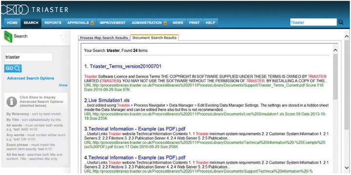 A screenshot of the a Process Library documents search displaying the results for 'Triaster'