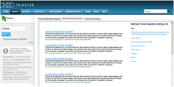 A screenshot of the a Process Library documents search displaying the results for 'Triaster' a list of several Lorem ipsum's 