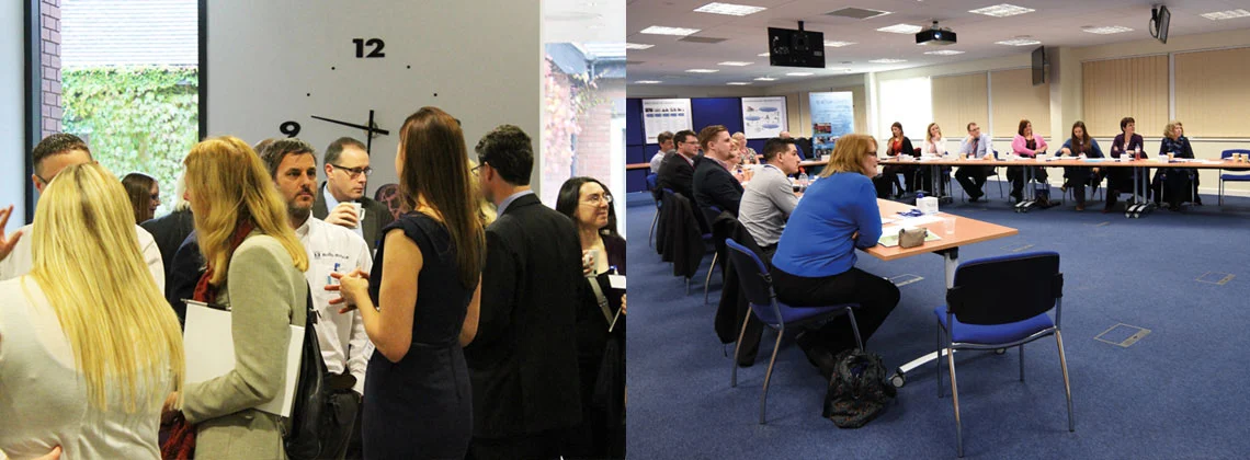 Two photo's side by side: one of people standing chatting and one of people sitting at two desks in a V shape facing the front 