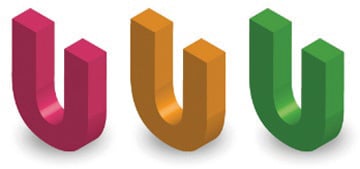 3 U's  in red, orange and green 