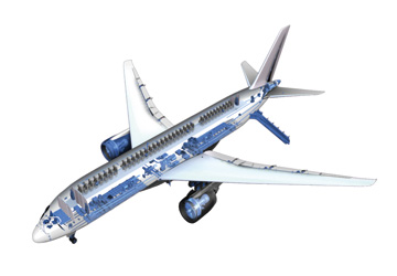 a graphic drawing of an aeroplane with blue shapes on the side of it 