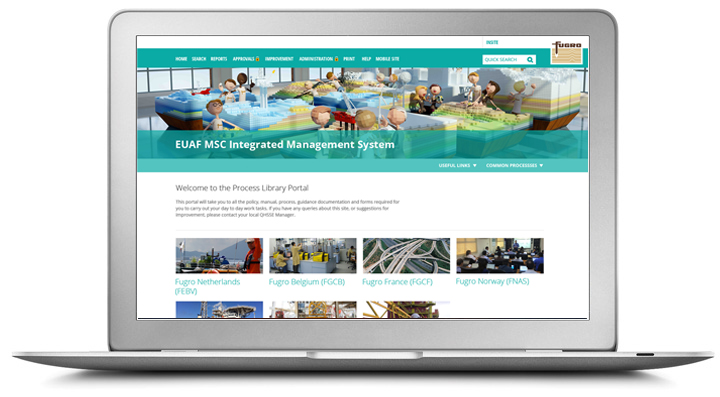 laptop displaying Fugro's process library portal with cartoon people and pictures to click on