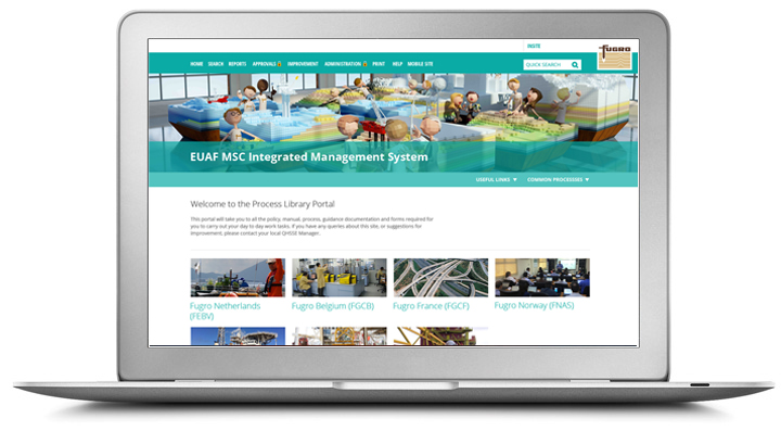 laptop displaying Fugro's process library portal with cartoon people and pictures to click on 