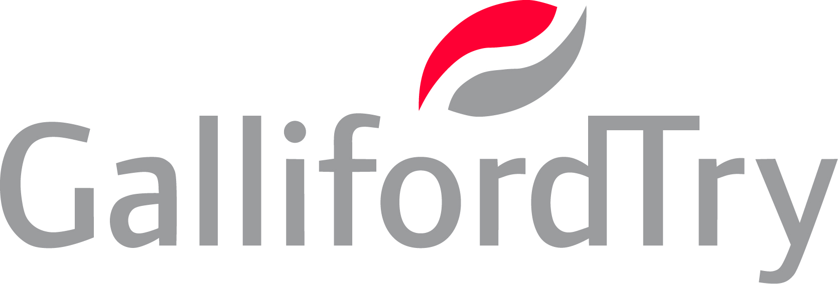 Galliford Try written in grey with a yin and yang style shape in grey and red