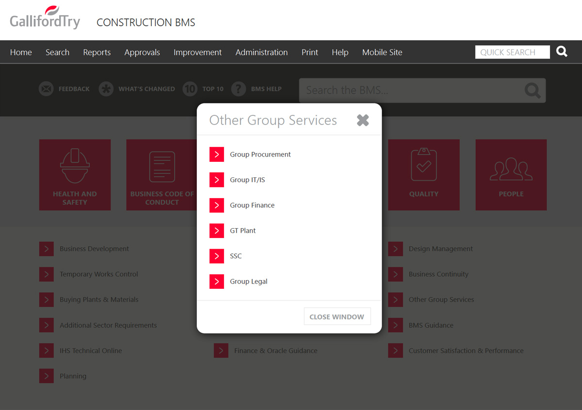Galiford Try's process library with a black menu and red boxes and arrows to click on greyed out with a white box in front with red arrows to click on