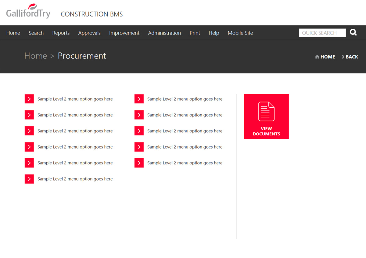 Galiford Try's process library with a black menu and red boxes and arrows to click on