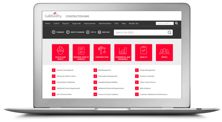 a laptop displaying Galiford Try's process library with a black menu and red boxes and arrows to click on  