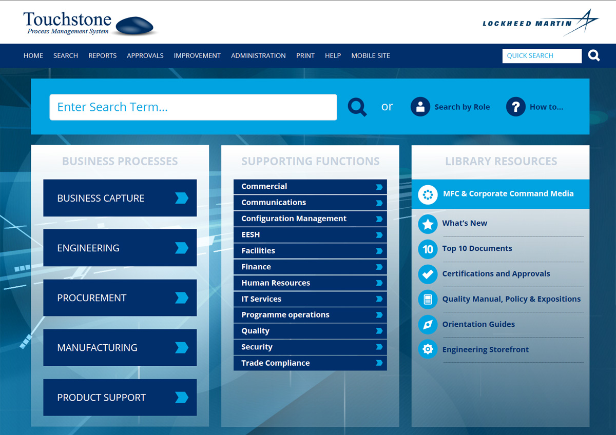 touchstone, lockheed martins process library with 3 columns with blue boxes and arrows 