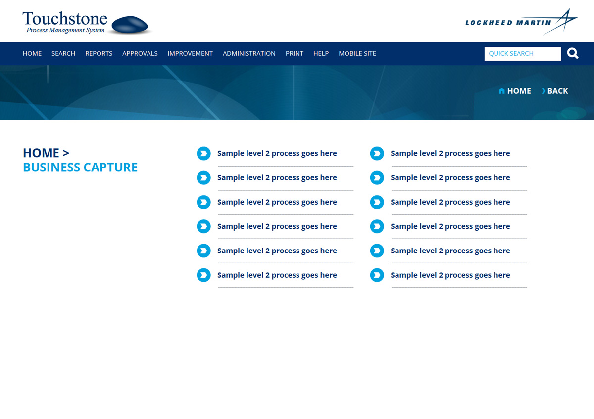 touchstone, lockheed martins process library on a white background with two columns of text to click on