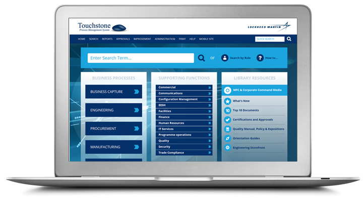 a laptop displaying touchstone, lockheed martins process library with 3 columns with blue boxes and arrows 