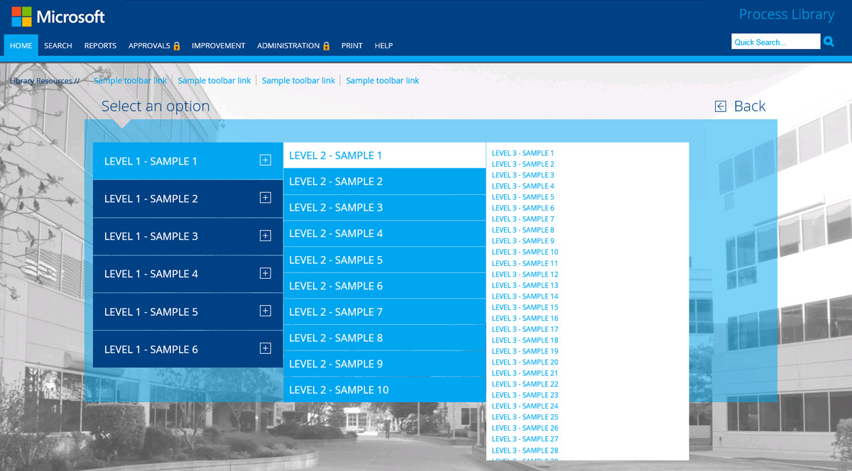 a grey background with several menu levels on display