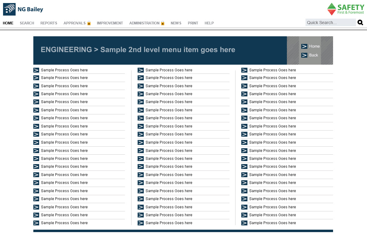  NG Bailey's process library with three columns of lines of texts 