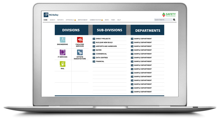 a laptop displaying NG Bailey's process library with three columns in blue on  white background