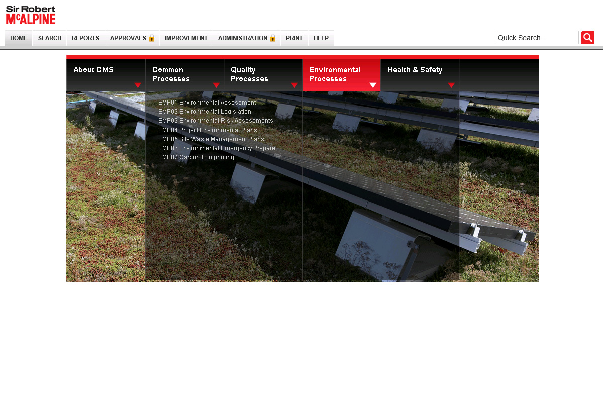 Sir Robert McAlpine's process library - a black menu and a white background with a picture of solar panels on the ground with a back transparent menu