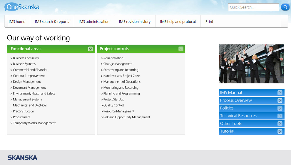 skanska's process library a white background two columns with a green heading and a picture of men in suits jumping and blue buttons below that