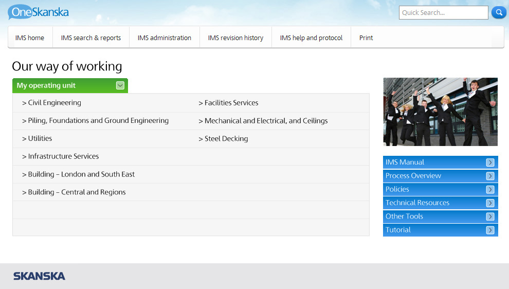 skanska's process library a white background a green selection menu and a white text box next to and a picture of men in suits jumping and blue buttons below that