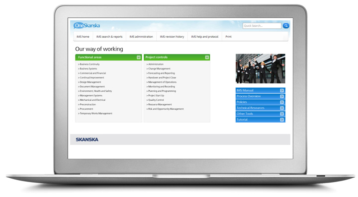 A laptop displaying skanska's process library a white background two columns with a green heading and a picture of men in suits jumping and blue buttons below that