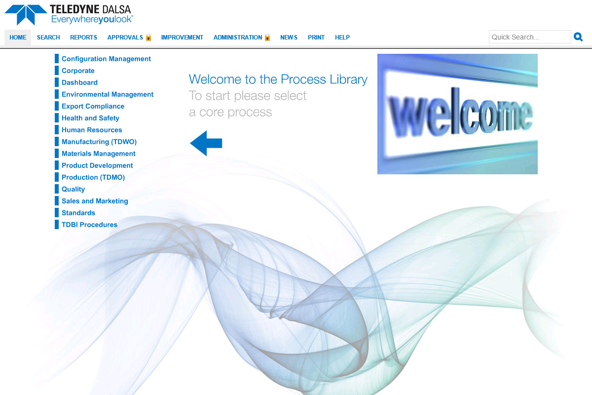 TELEDYNE DALSA's process library with blue text and a blue welcome sign