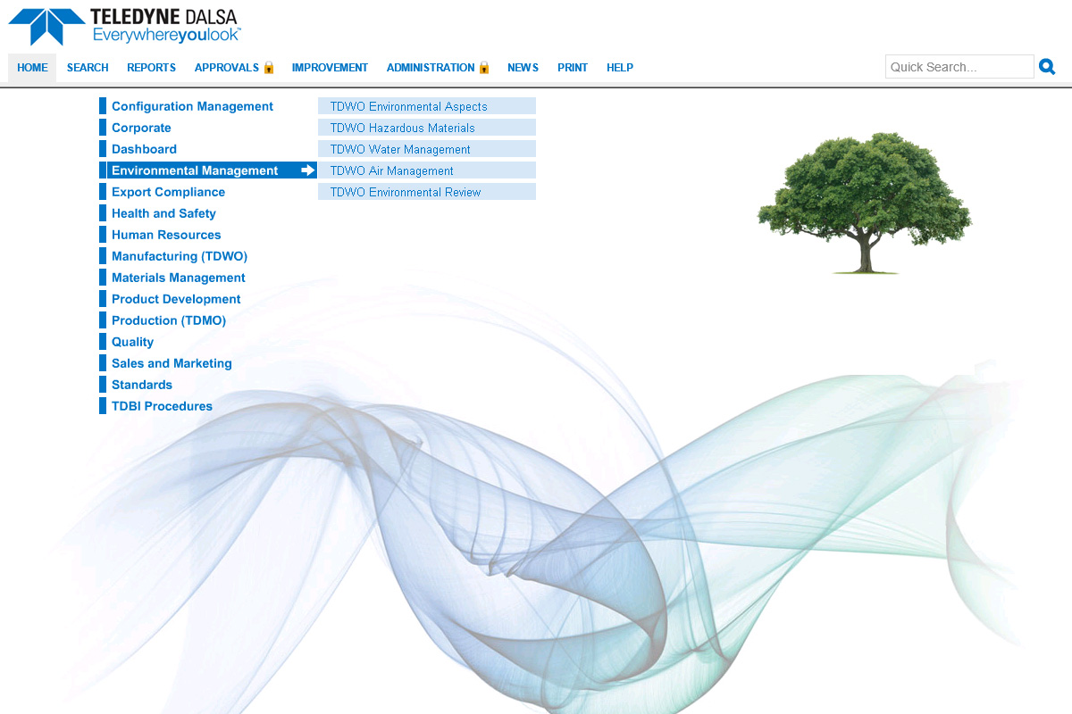 TELEDYNE DALSA's process library with blue text and a photo of a tree