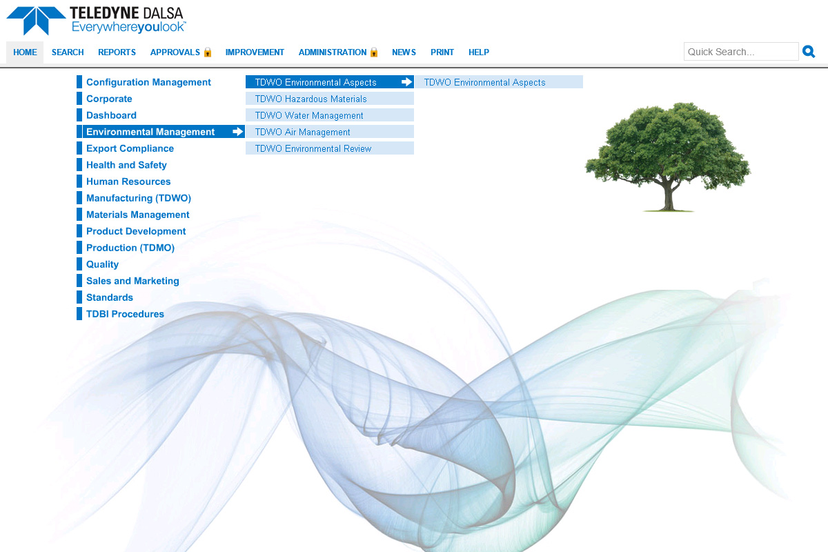 TELEDYNE DALSA's process library with blue text and a menu and a photo of a tree