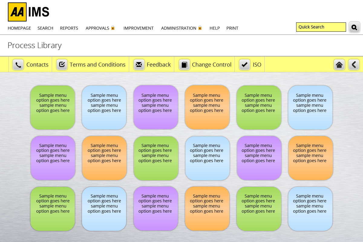 the AA IMS with a grey background and 18 coloured square bubbles in a grid