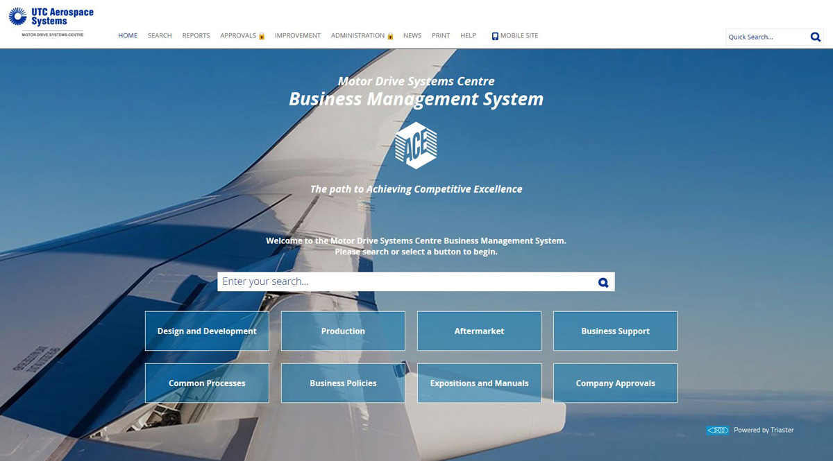 UTC's BMS on screen with a photo of an aeroplane wing and a search bar above 8 boxes