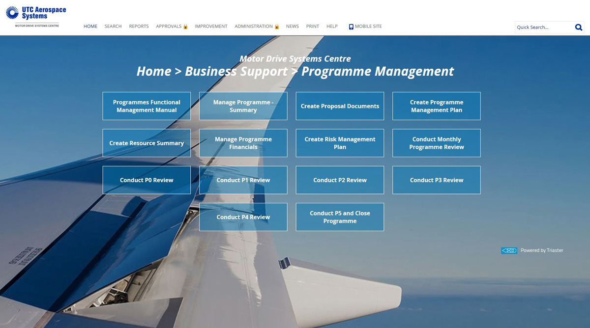 UTC's BMS on screen with a photo of an aeroplane wing and 14 boxes