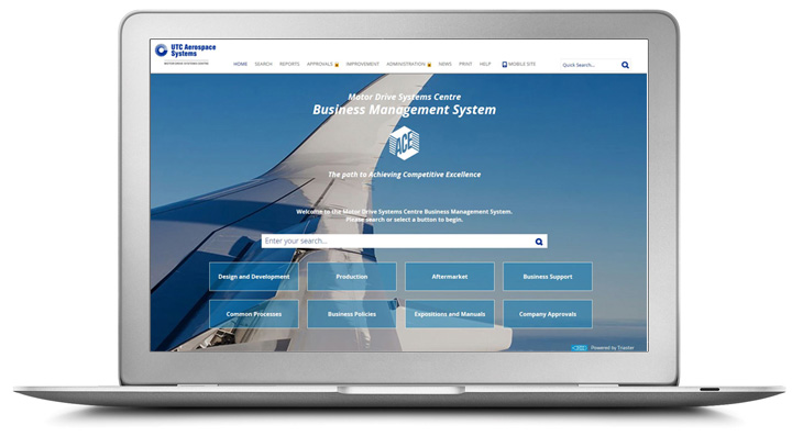 A laptop with UTC's BMS on screen with a photo of an aeroplane wing and a search bar above 8 boxes