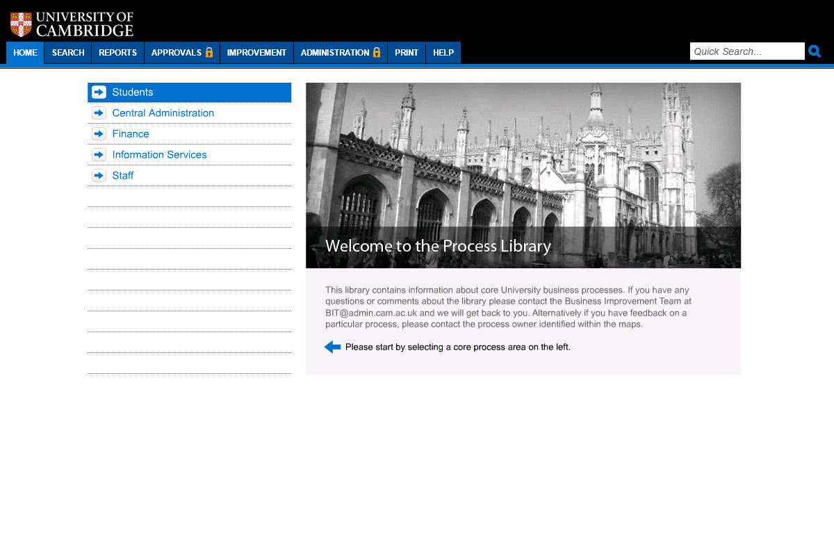 the university of cambridge's process library with a menu in blue and a black and white picture of the cathedral
