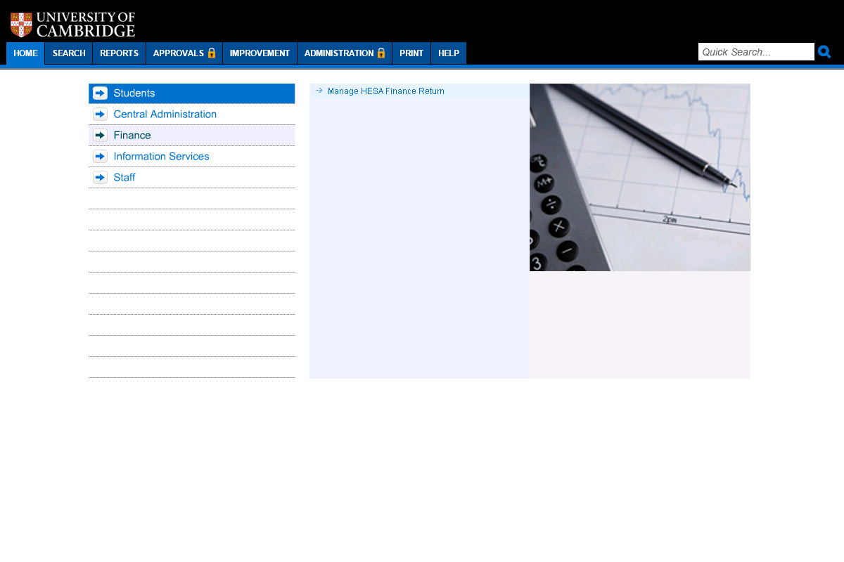 the university of cambridge's process library with a menu in blue and a close up of a paper and pen