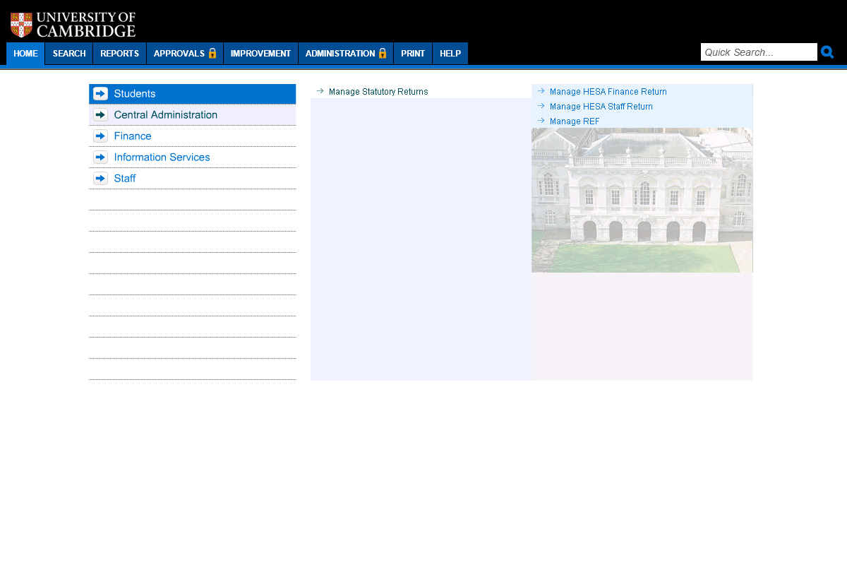 the university of cambridge's process library with a menu in blue and a picture of a stately home 