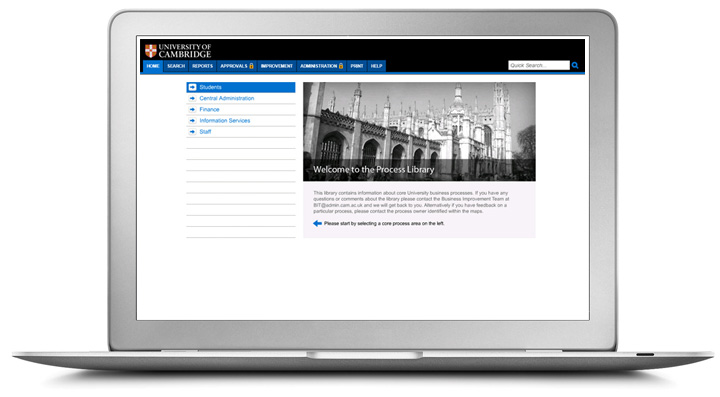 a laptop displaying the university of cambridge's process library with a menu in blue and a black and white picture of the cathedral 