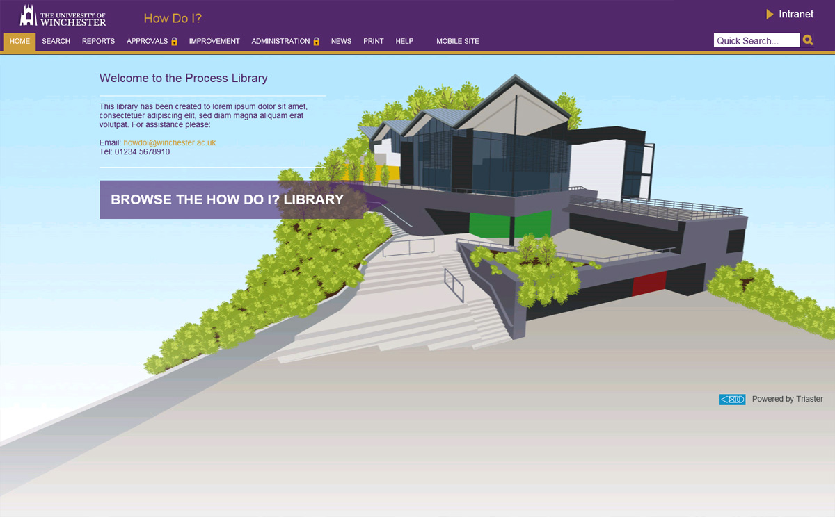  the university of winchesters process library - a graphic depiction of the university of winchester's buildings with a purple menu 