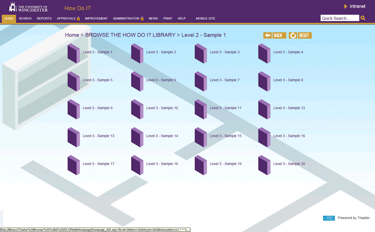 the university of winchesters process library - a purple menu and a light blue background a grid of purple boxes with text next to it