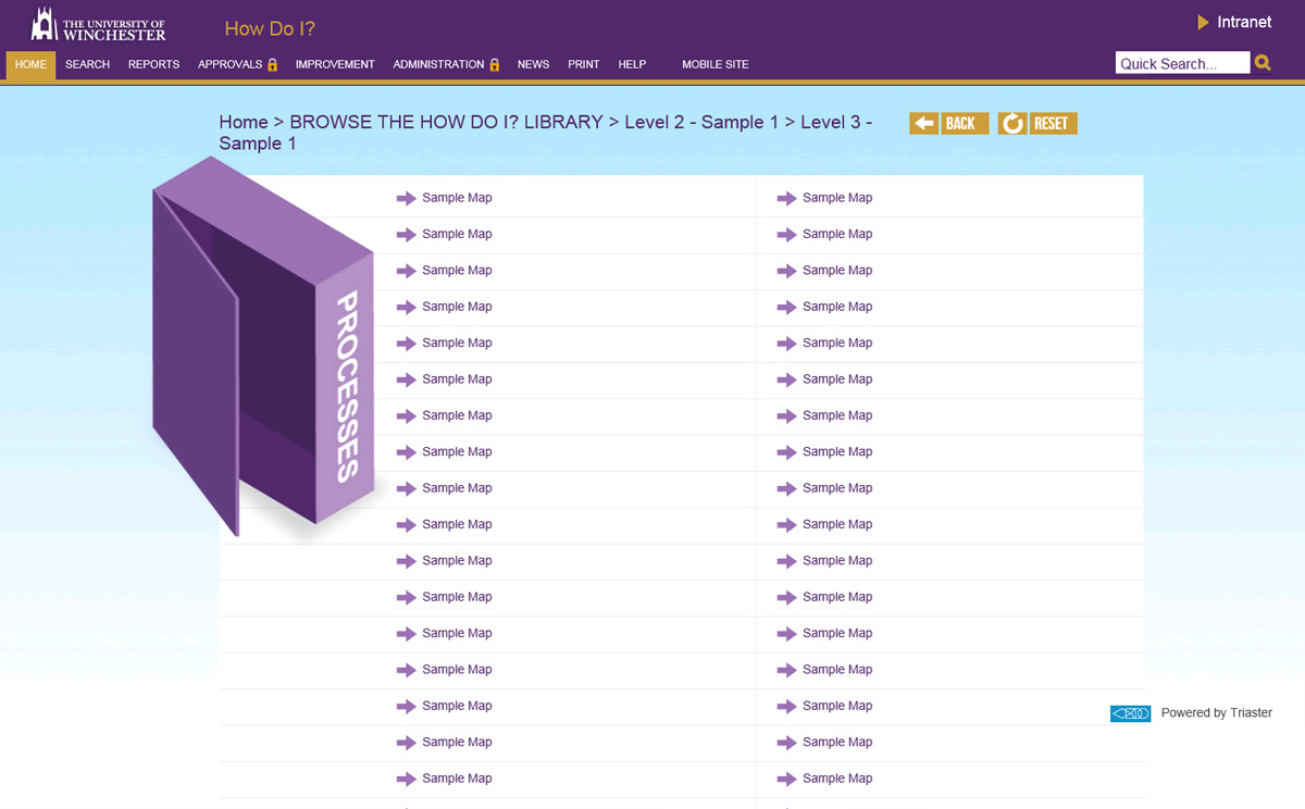 the university of winchesters process library - a purple menu and a light blue background - a white box with two columns of purple text 