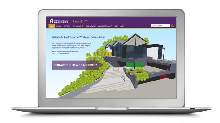 a laptop displaying the university of winchesters process library - a graphic depiction of the university of winchester's buildings with a purple menu 