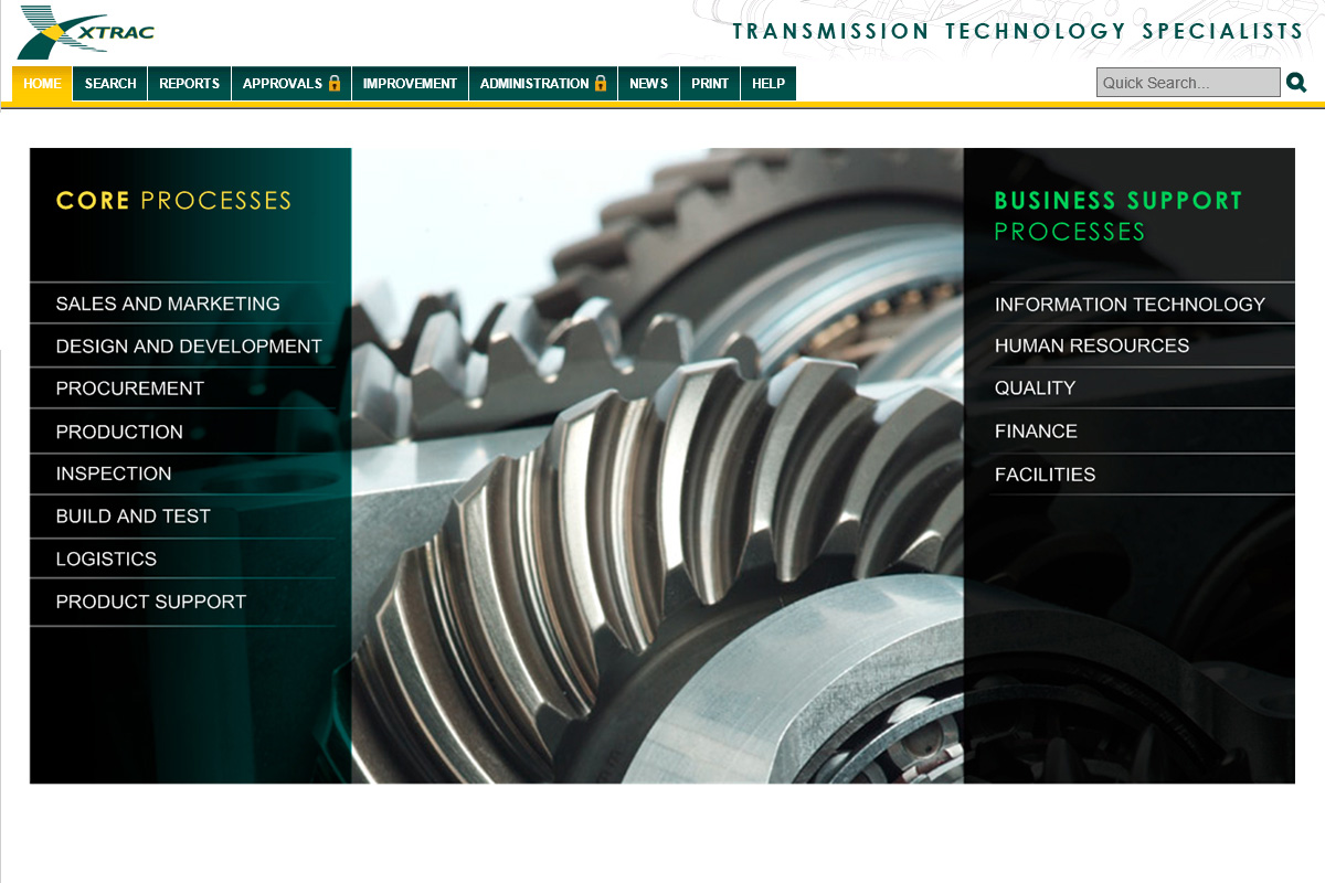 XTRAC's process library with a close up of machinery between two green columns