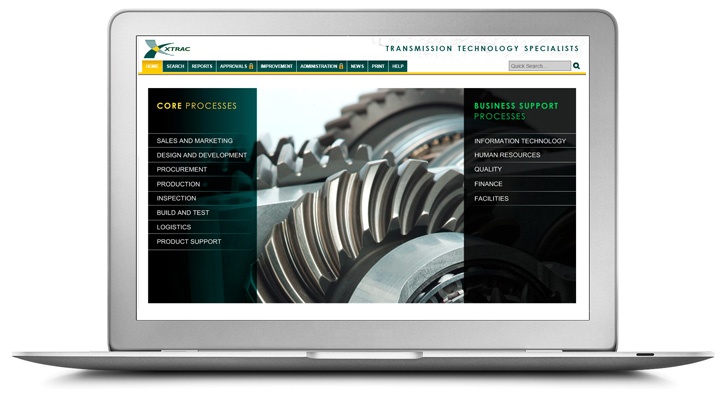 a laptop displaying XTRAC's process library with a close up of machinery between two green columns
