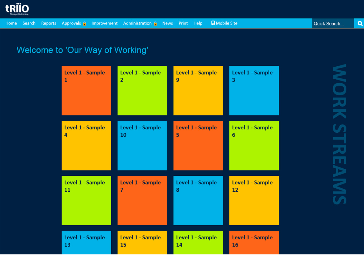 tRIIO's process library - a navy background with 12 different coloured square buttons