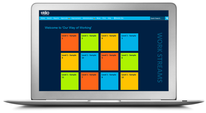 a laptop displaying tRIIO's process library - a navy background with 12 different coloured square buttons