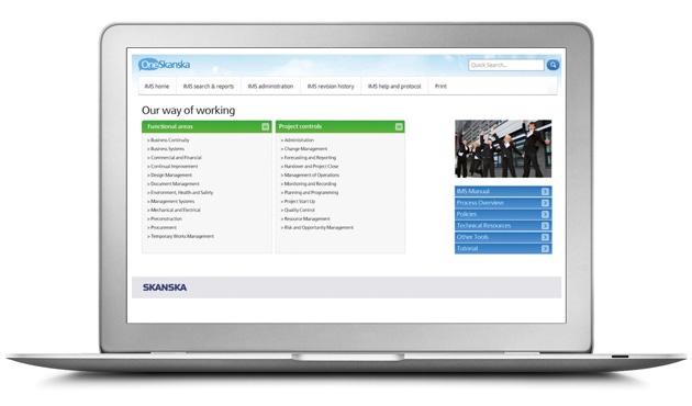 a laptop displaying skanska's process library, a green menu and two columns of text