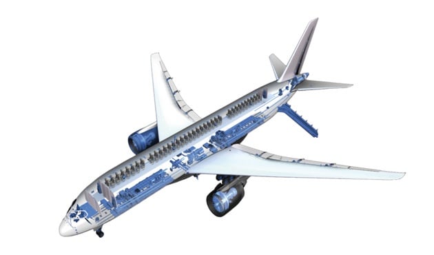 an image of an aeroplane with blue shapes on the side