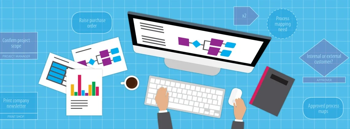 cartoon of a desk with notebooks, a computer, a coffee and graphs on them 